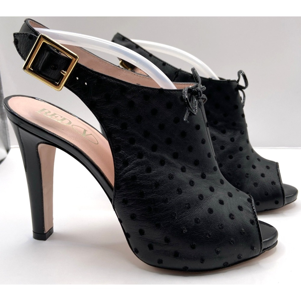 RED Valentino Black Leather Slingback Heels Bow Italy Womens EU 37 Peep Toe